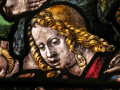 A detail from one of the stained-glass windows of King's College Chapel